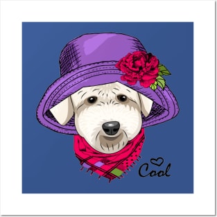 Dog with violet hat, flower and pink scarf Posters and Art